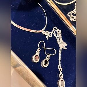 Garnet Sterling set necklace, bangle, earrings Vtg case with blue velvet lining